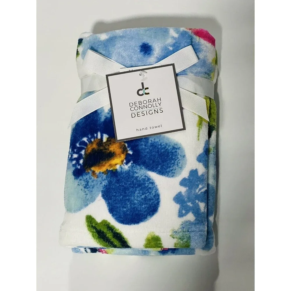 Deborah Connolly 4 PC SET BLUE PINK FLOWERS ON WHITE ,HAND & TIP TOWELS